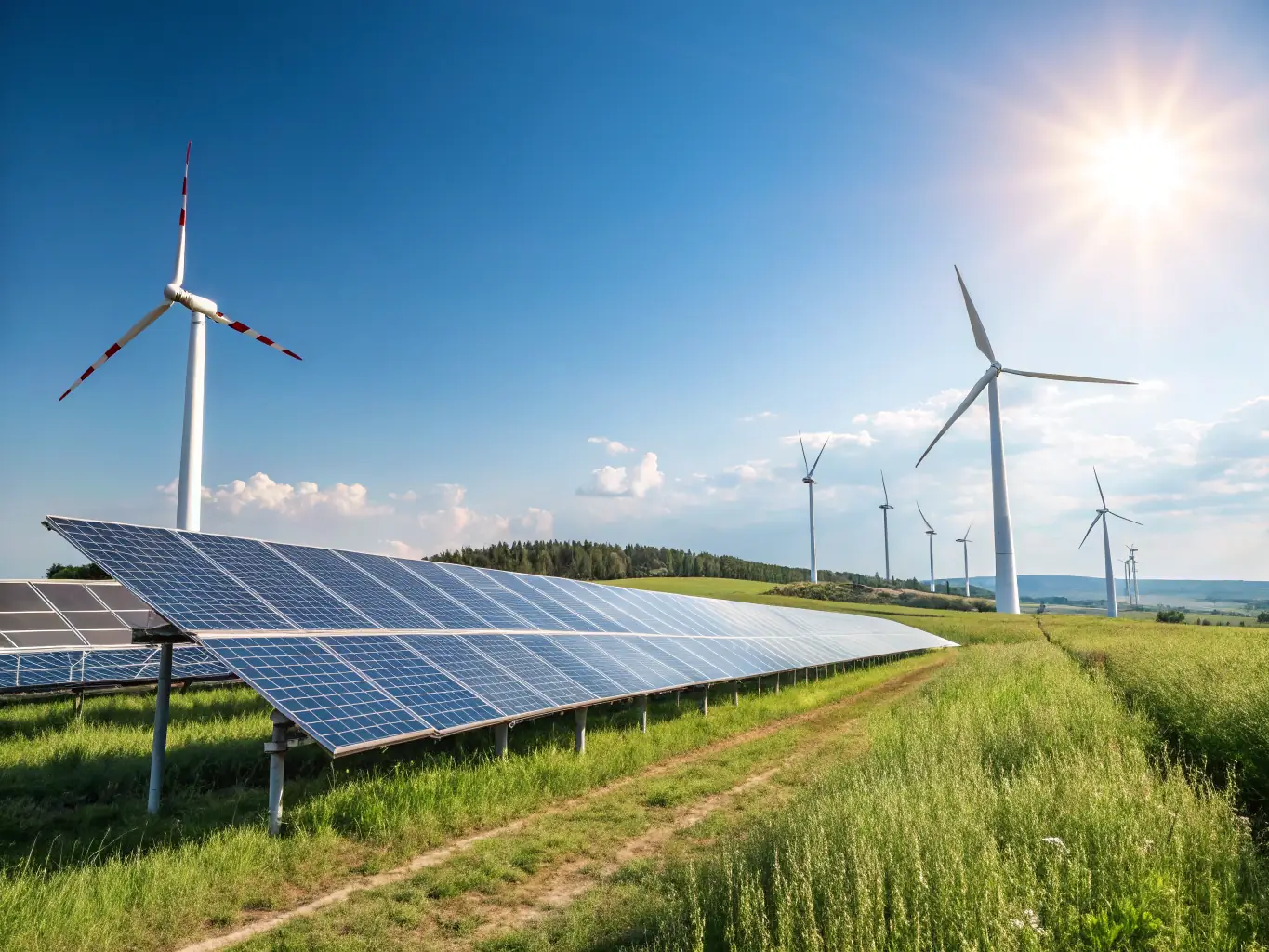 A visually appealing image representing Celintech's renewable energy solutions, showcasing solar panels, wind turbines, and sustainable energy infrastructure in a rural landscape.
