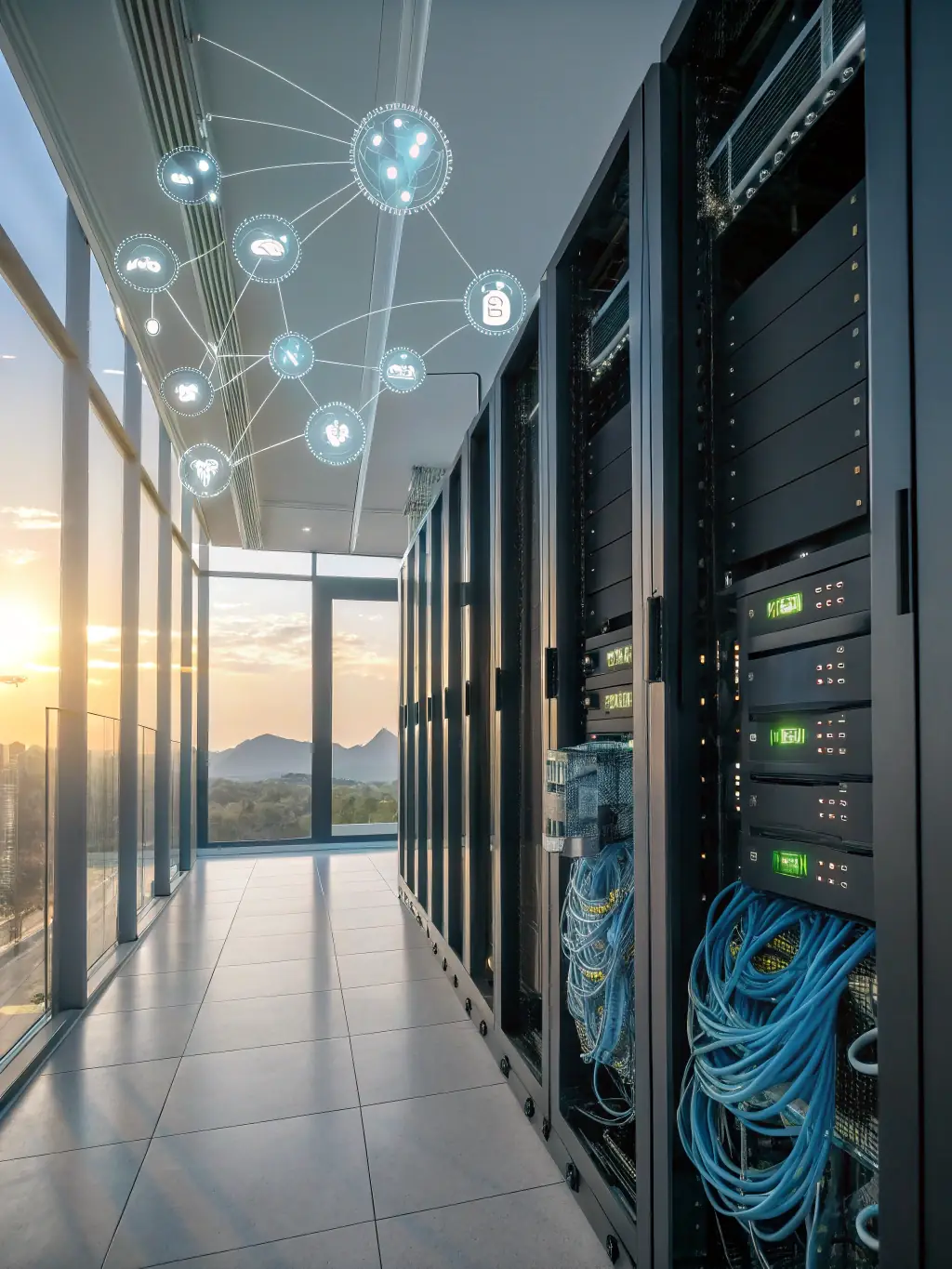 A detailed image showcasing a fiber optic network connecting to cloud data centers, illustrating high-speed connectivity and modern infrastructure for CELINTECH's Fiber to Cloud Infrastructure solution.