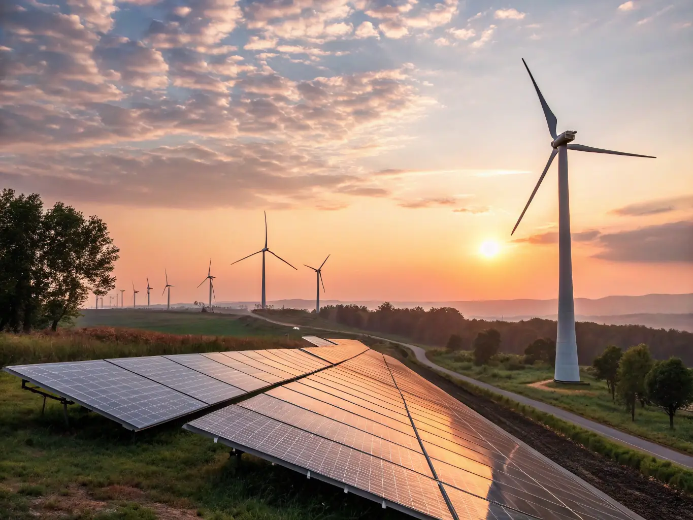 A wind turbine farm at sunset, with a focus on the electrical components and grid connections, representing Celintech's involvement in electric, power, and renewable energy solutions.