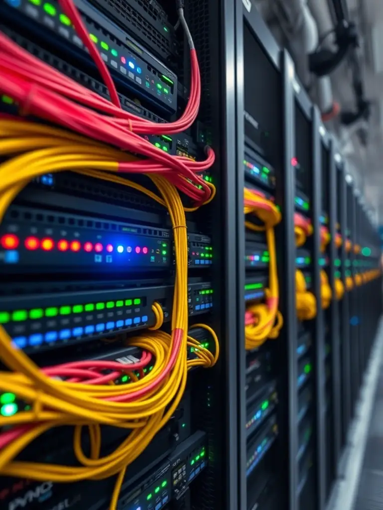 A detailed image of fiber optic cables and network equipment in a data center environment, representing CELINTECH's Telecommunications Infrastructure solutions.