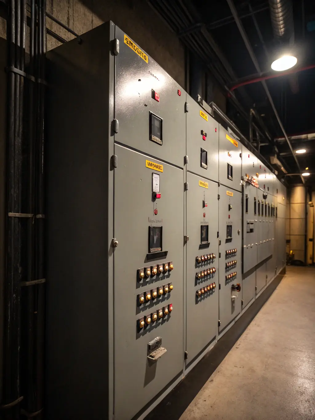 A close-up shot of a modern, well-organized low and medium voltage distribution substation, highlighting the advanced control panels and safety features.