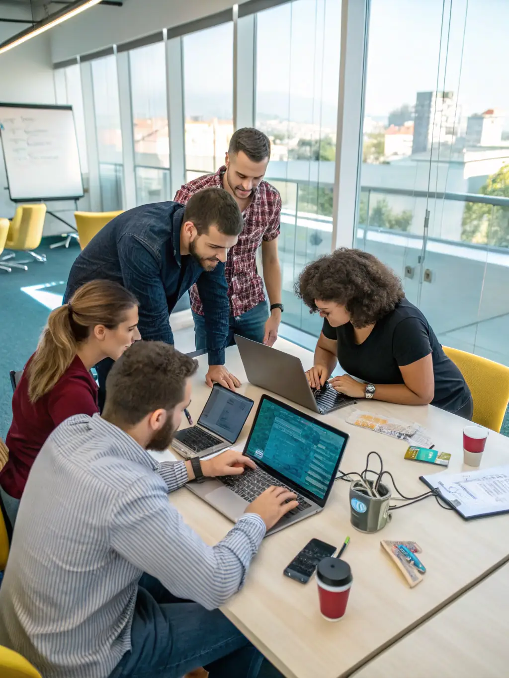 A team of IT professionals collaborating in a modern office, representing CELINTECH's cloud and ICT service offerings.