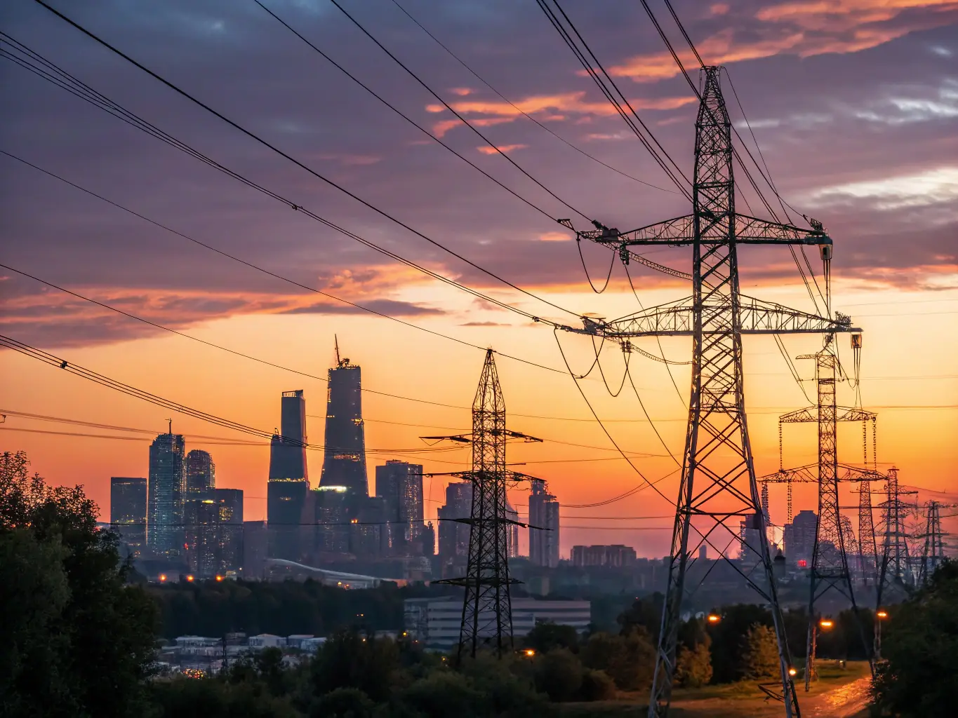 A high-angle, wide shot of a high-voltage power transmission line stretching across a rural landscape at sunset, emphasizing the scale and reach of CELINTECH's power solutions.