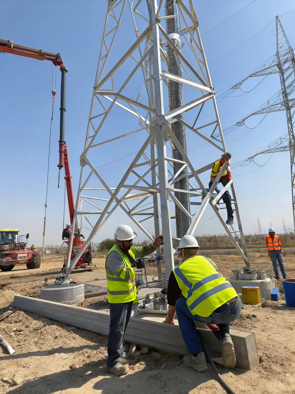 A high-angle, detailed photograph of a high-voltage transmission tower against a clear blue sky, showcasing its robust structure and advanced engineering.