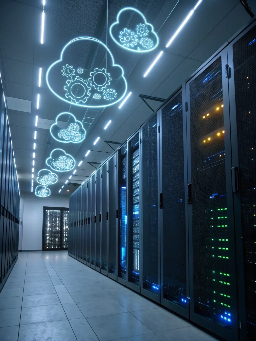 A modern data center with rows of servers and blinking lights, representing CELINTECH's robust cloud infrastructure solutions.
