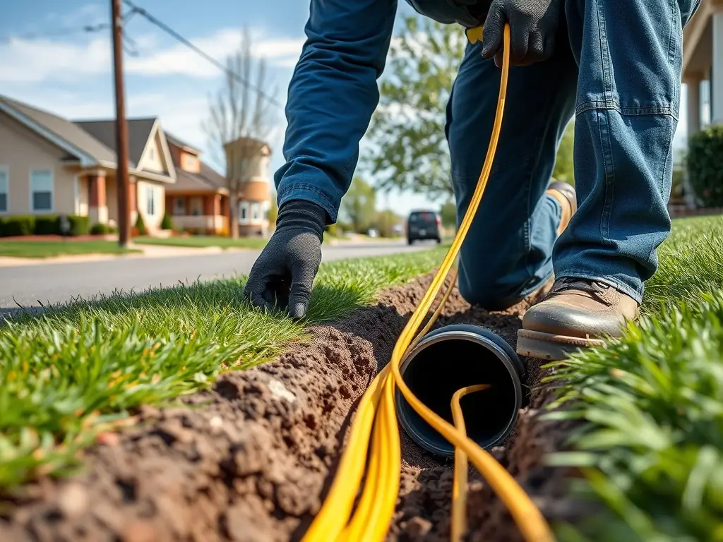 An image depicting a fiber optic cable being installed in a suburban neighborhood, highlighting the reliability and speed of REGINTEL & CelinTech's FTTx deployments.