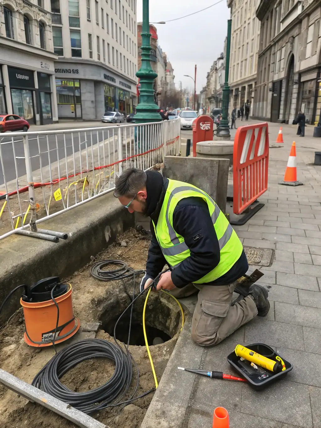 A technician installing fiber optic cables in a residential area, showcasing REGIONTEL & CelinTech's FTTx deployment services.