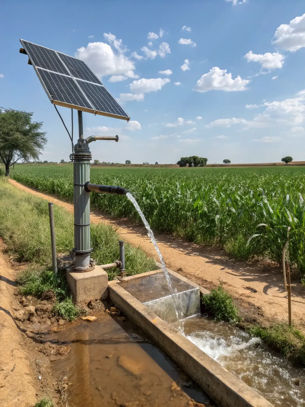 A solar-powered water pump irrigating a field, demonstrating sustainable agriculture and efficient water management.