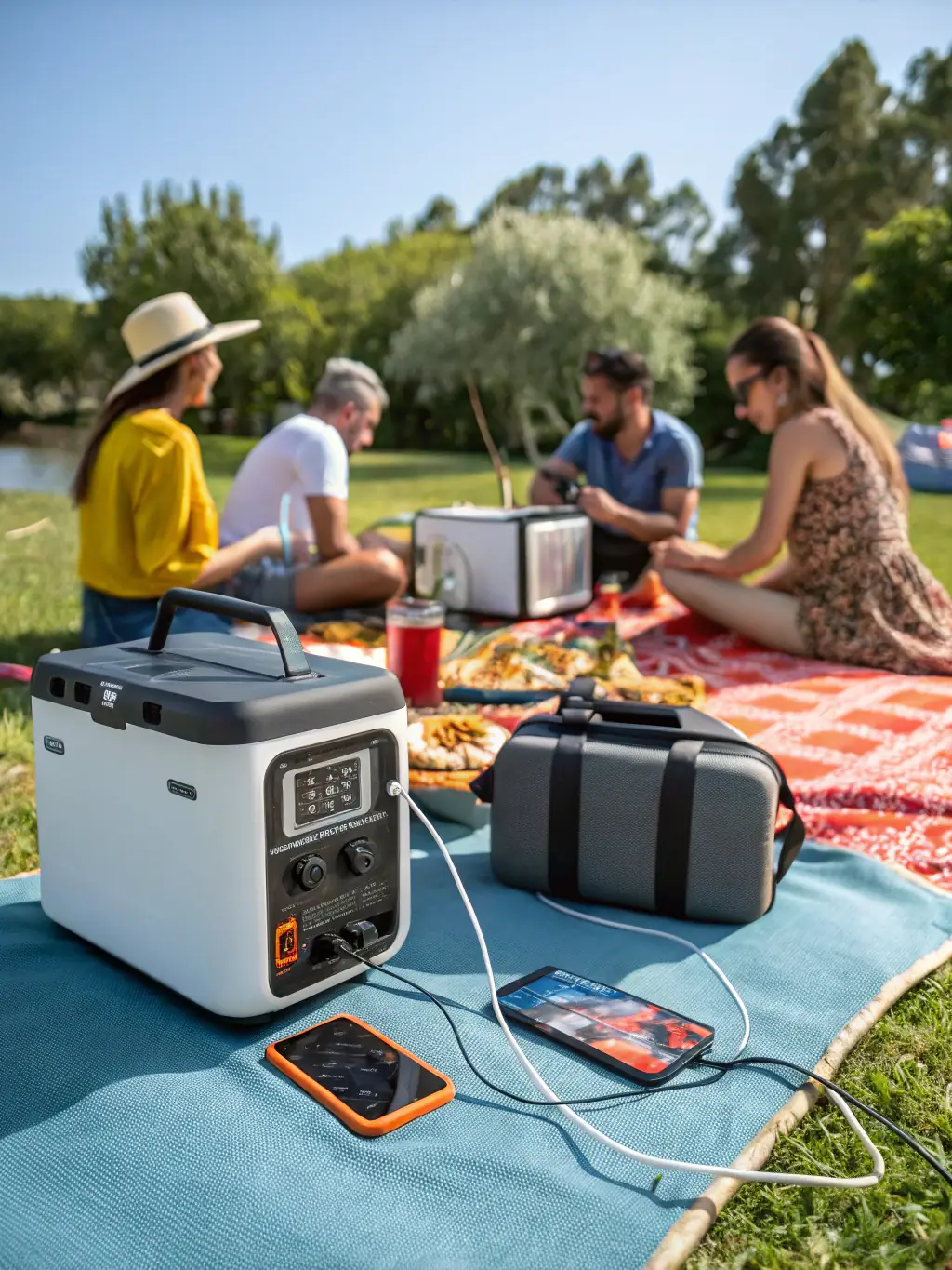 A portable solar generator powering essential devices during an outdoor event, highlighting its versatility and ease of use.