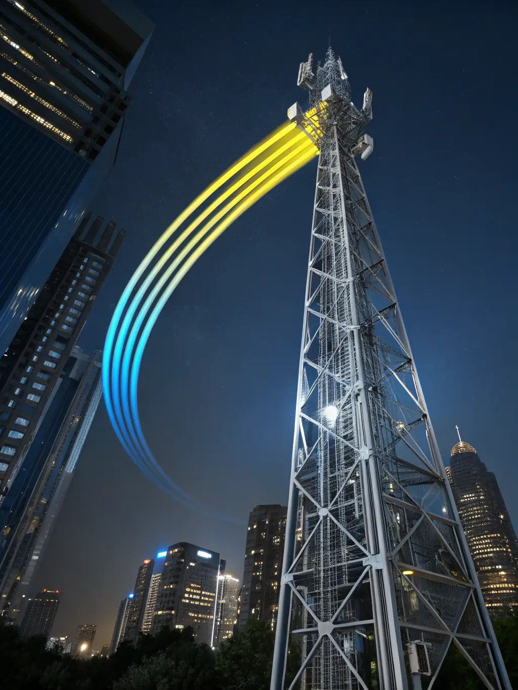 A photo of a 5G cell tower against a clear blue sky, emphasizing the modern technology and connectivity it provides for REGIONTEL & CelinTech.