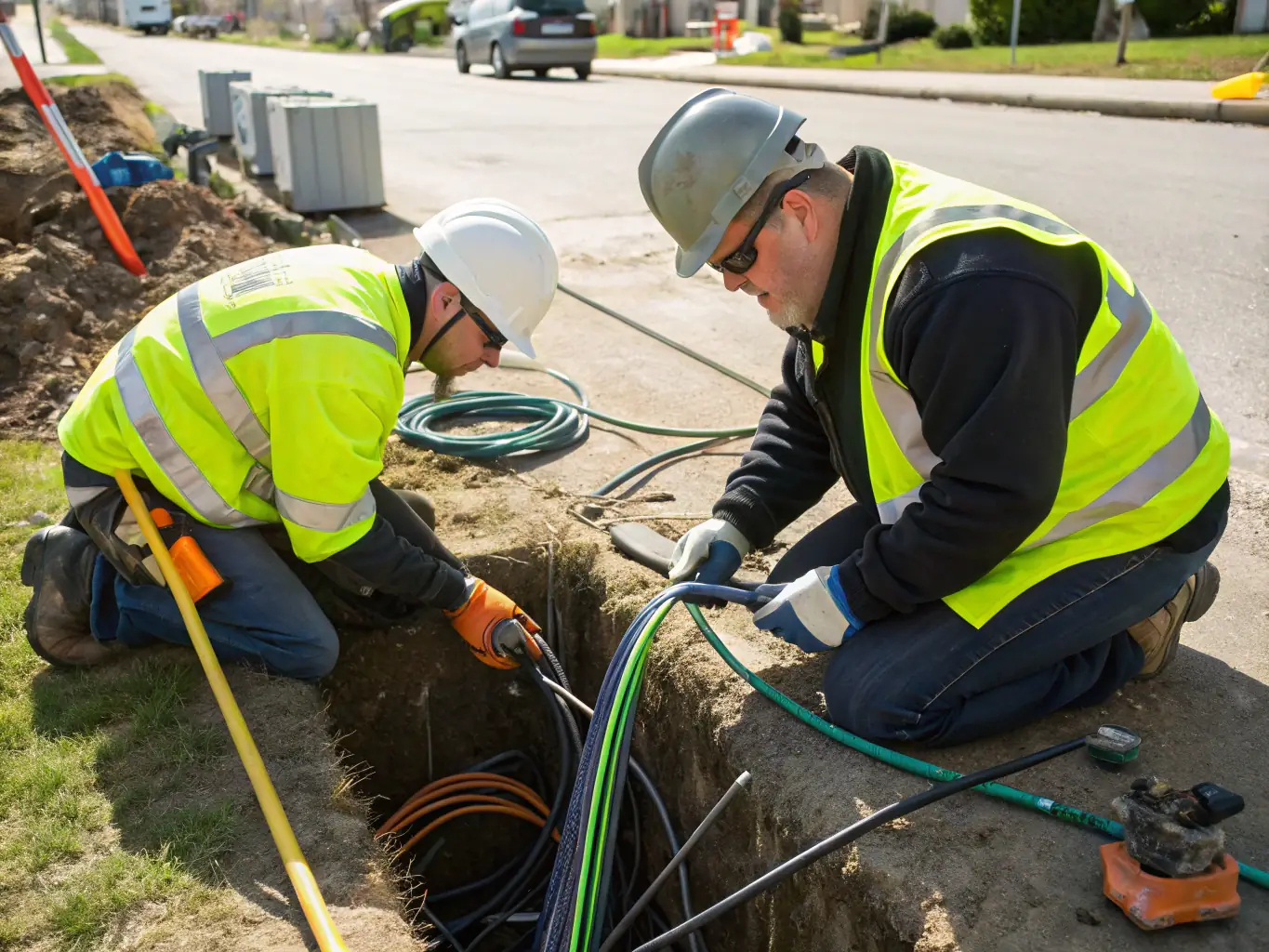 An image showcasing technicians installing fiber optic cables in an urban environment, with vibrant city lights in the background.