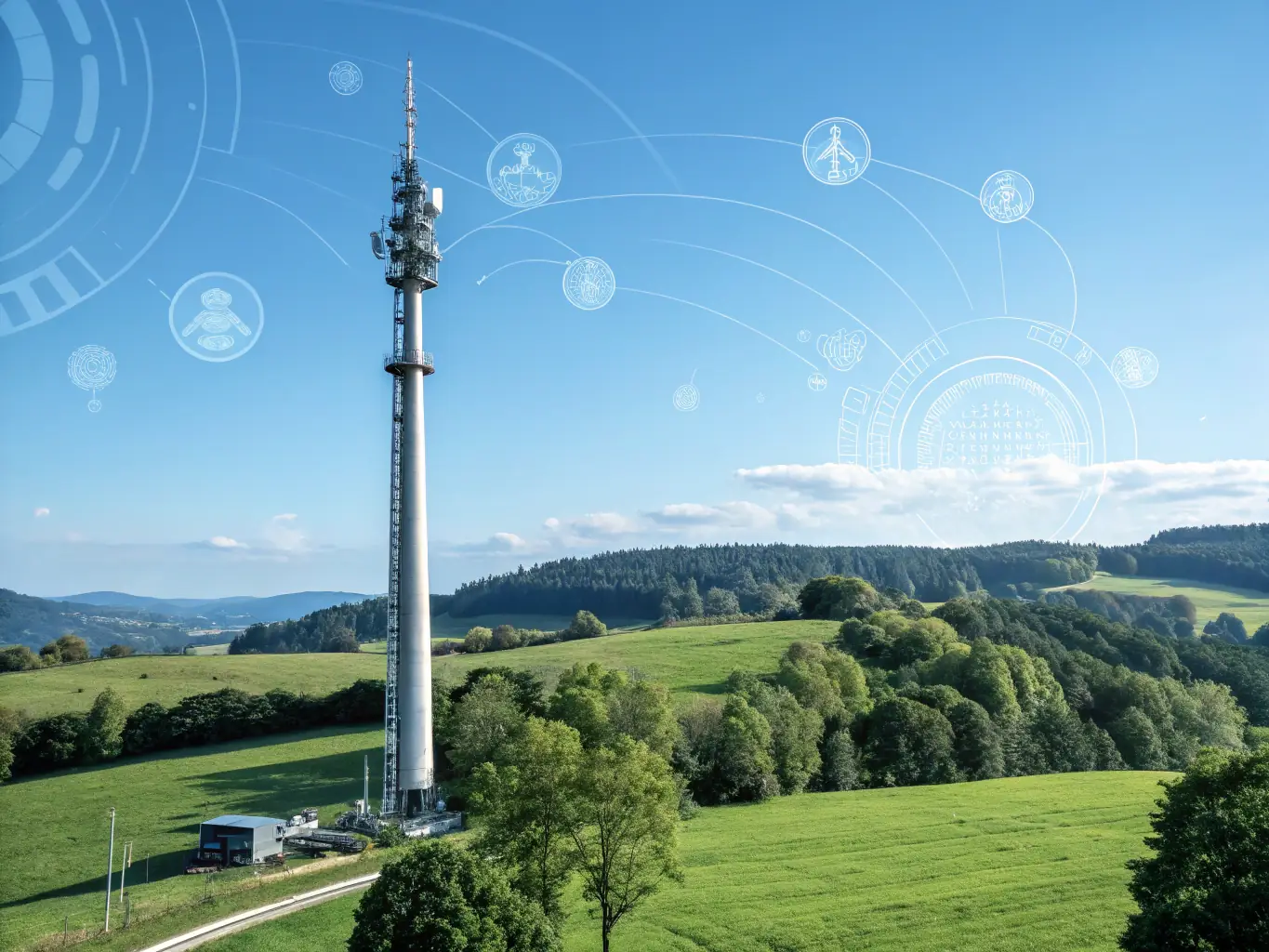 A high-angle shot of a telecommunications tower against a clear blue sky, emphasizing connectivity and reach.