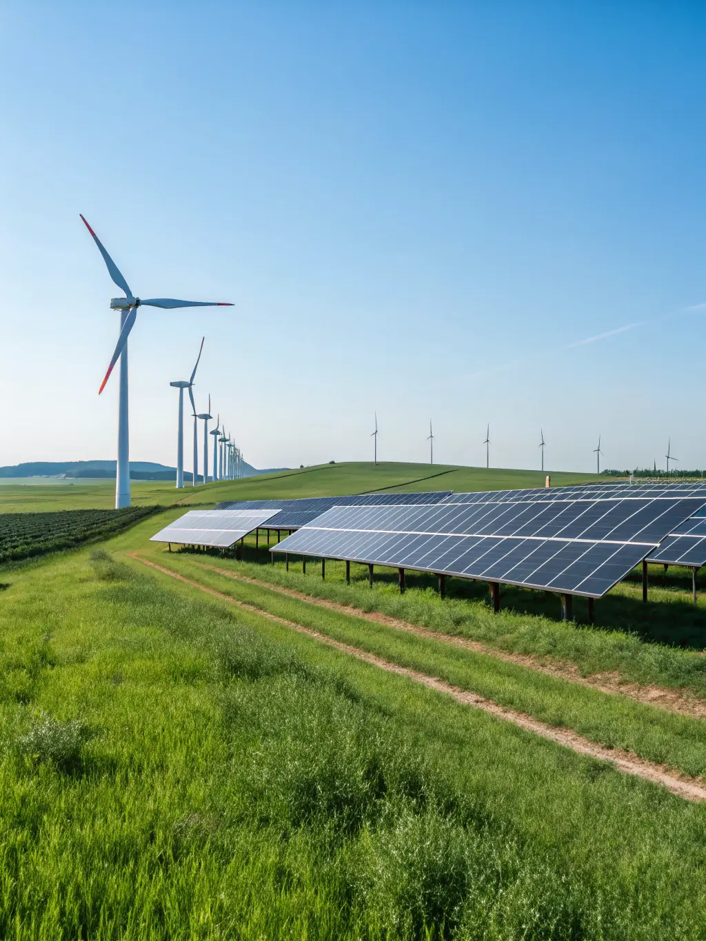 A solar panel array in a field, with wind turbines in the background, representing REGIONTEL & CelinTech's commitment to renewable energy solutions.