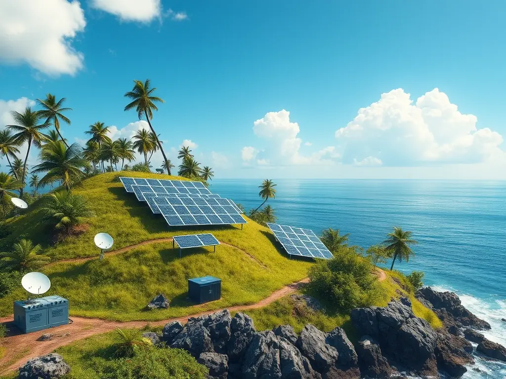 An image depicting off-grid solar systems providing electricity to a remote village, showcasing reliable power solutions.