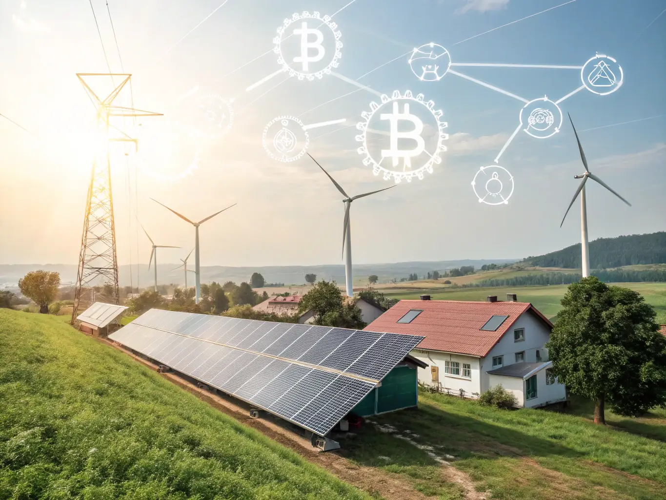 A solar panel array in a rural setting, with wind turbines in the background, illustrating the integration of renewable energy sources.