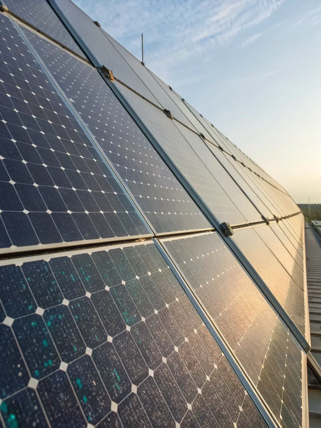 A high-efficiency solar panel installation on a rooftop, showcasing clean energy generation for a commercial building, under a bright sunny sky.