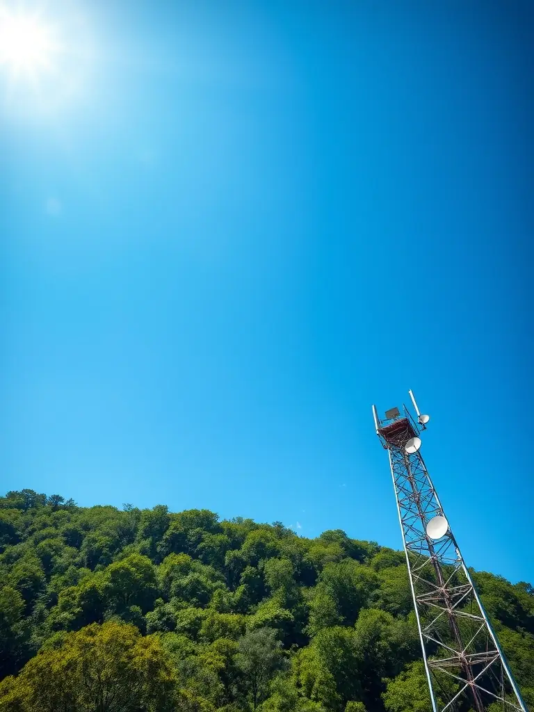 A modern telecommunications tower with 4G and 5G antennas, set against a clear blue sky, symbolizing REGIONTEL & CelinTech's advanced telecom solutions.