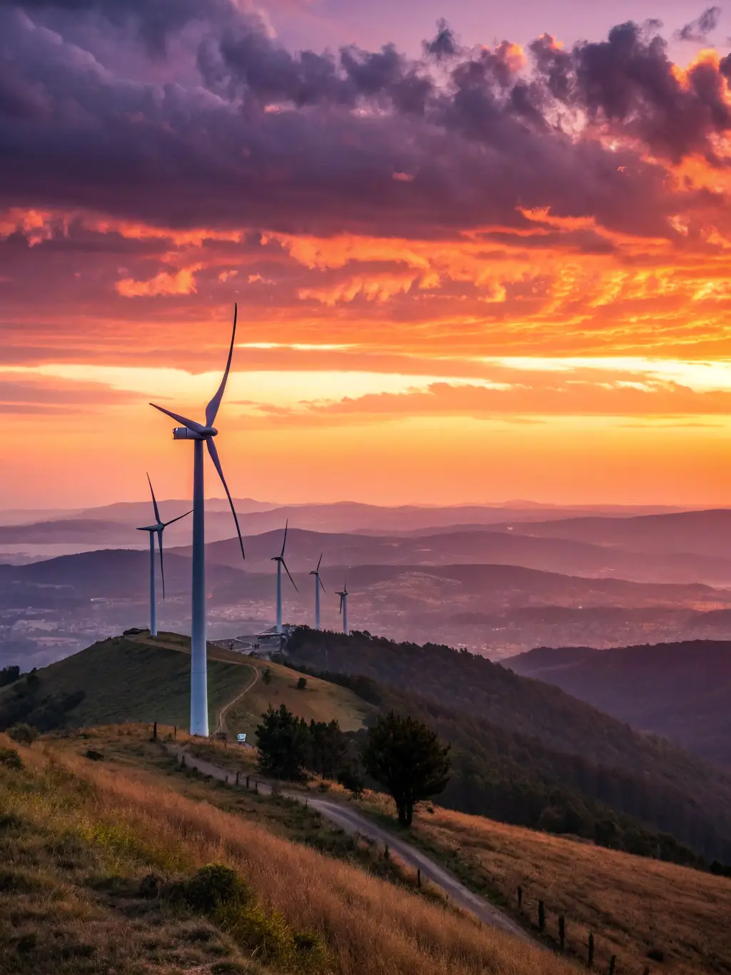 A modern wind turbine farm at sunset, symbolizing REGINTEL & CelinTech's dedication to renewable energy sources and environmentally friendly solutions.