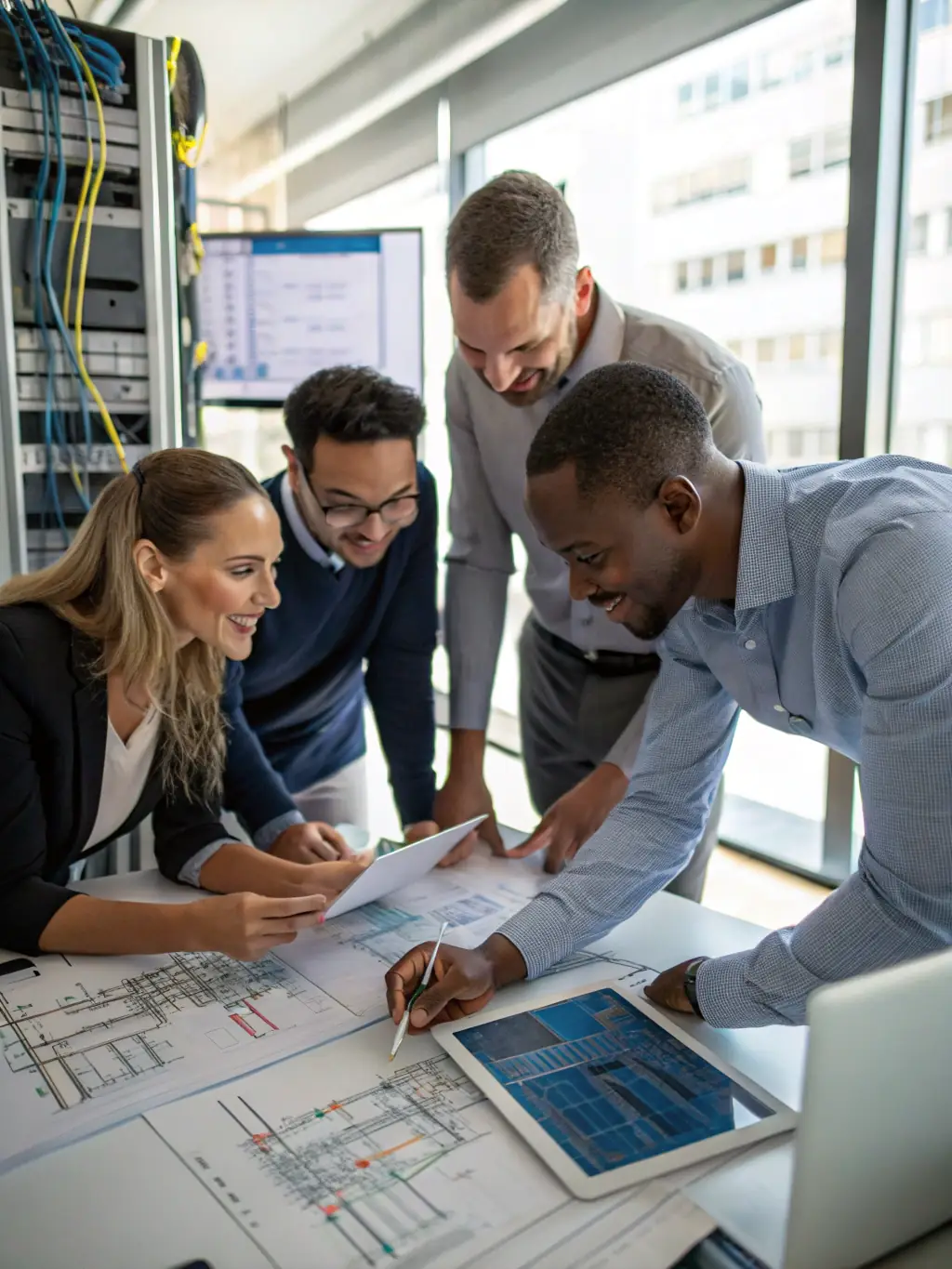 A diverse team of REGIONTEL & CelinTech engineers collaborating on a network design, emphasizing the company's expertise and teamwork.