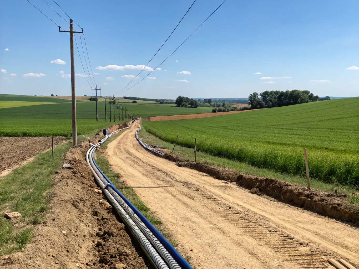 A detailed image showcasing a fiber optic cable being installed in a rural setting, emphasizing improved connectivity.