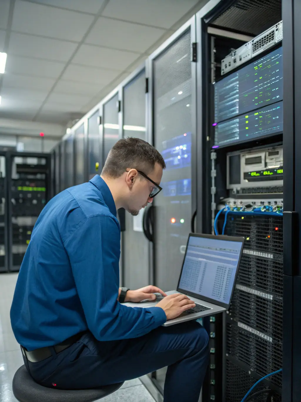 A network engineer configuring wireless network equipment in a server room, highlighting REGIONTEL & CelinTech's expertise in wireless network solutions.