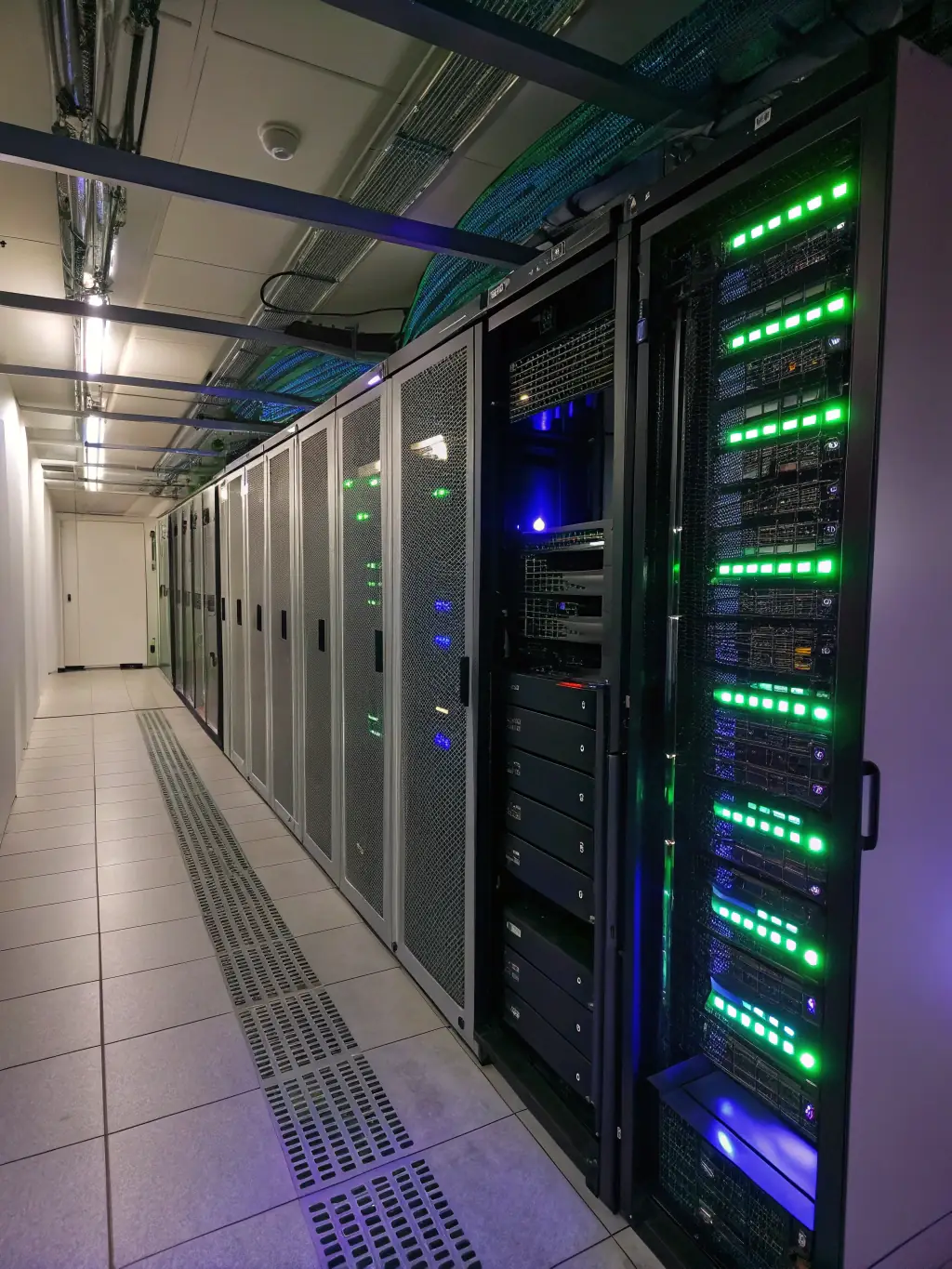 A data center server room with glowing lights, representing REGINTEL & CelinTech's expertise in cloud computing and ICT services.