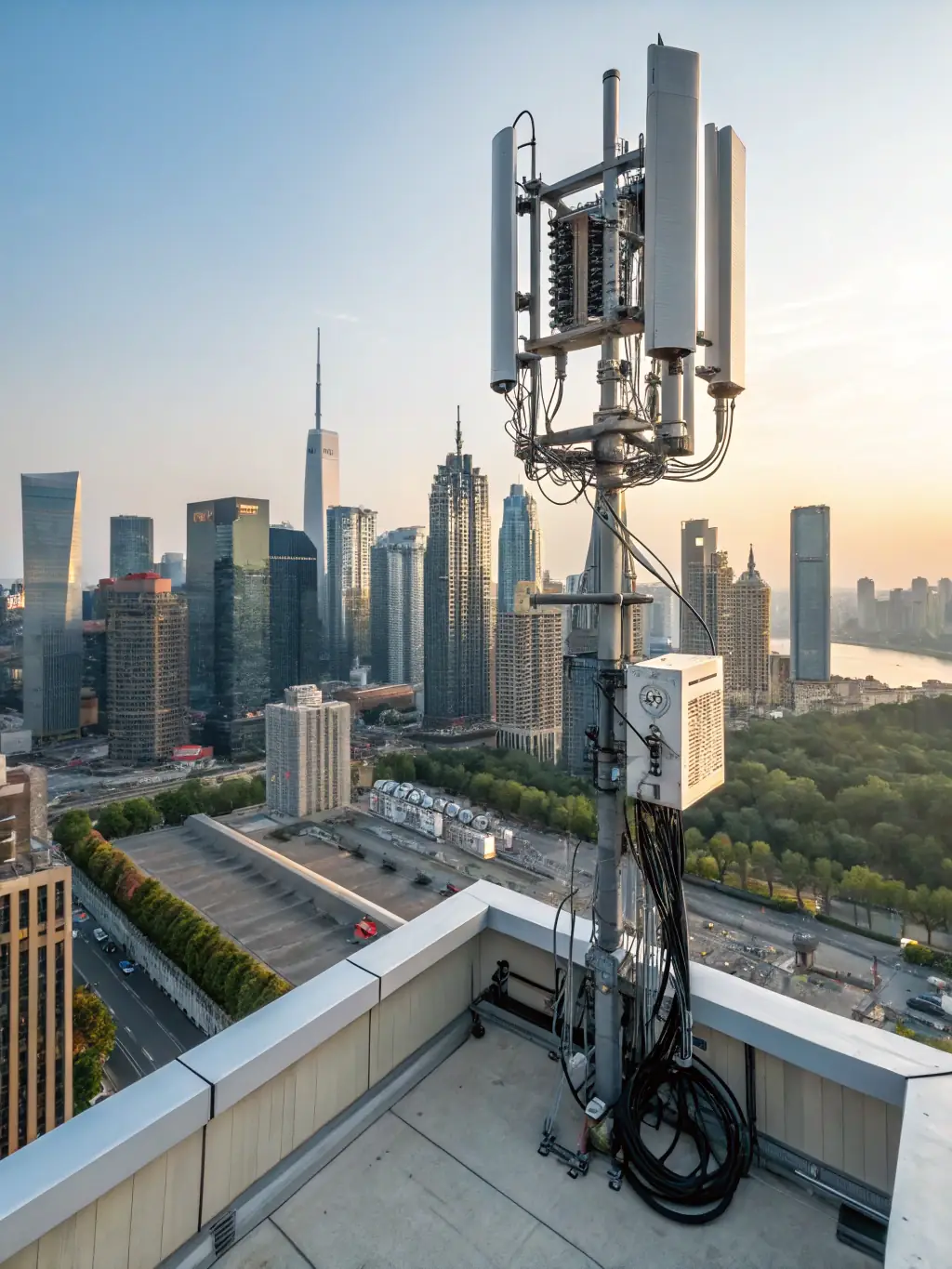 A detailed image of a 5G cell tower installation, showcasing the advanced technology and infrastructure used by REGINTEL & CelinTech in their telecommunications solutions.