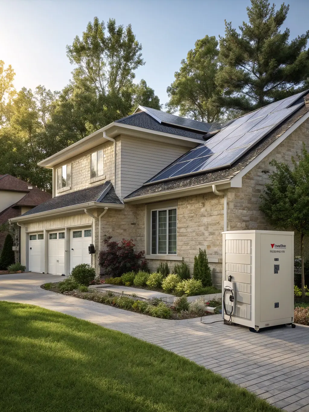A compact off-grid solar power system with battery storage, powering a small rural home, demonstrating energy independence.