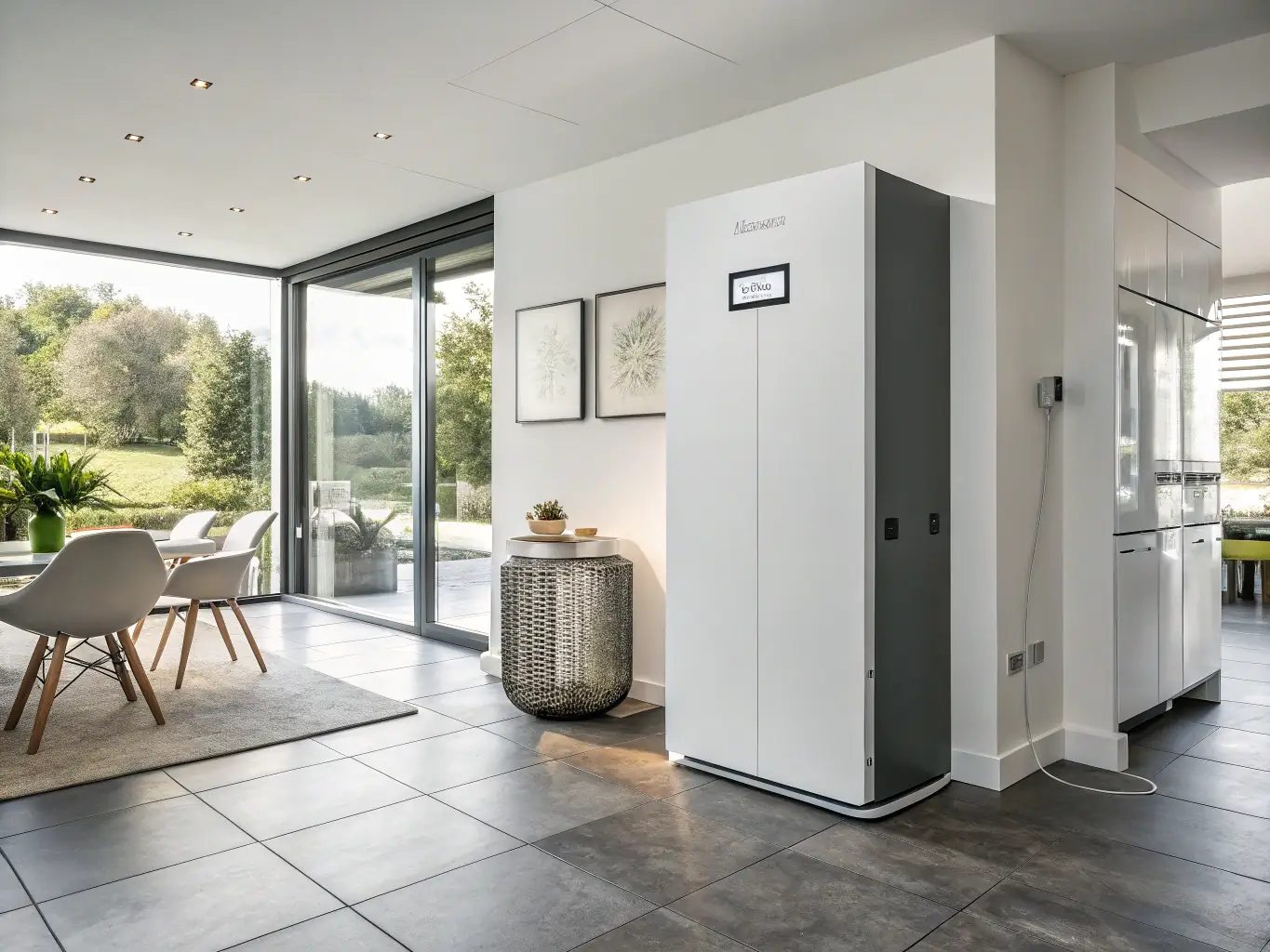 An image of a smart battery system installed in a commercial building, showing the battery modules, control panel, and integration with a renewable energy source like solar panels.