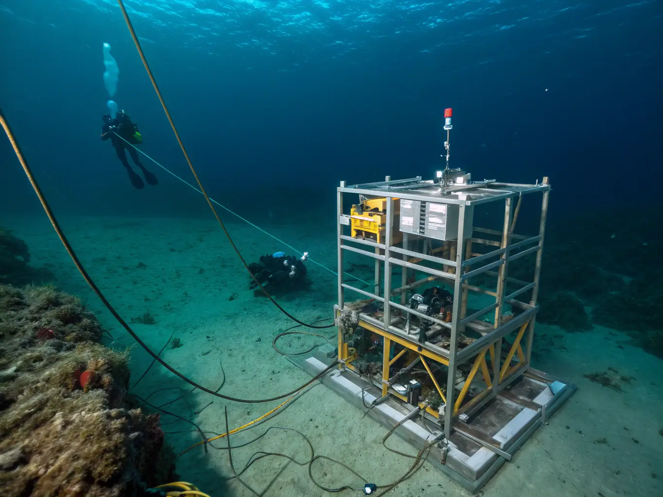 A high-resolution image of a submarine cable being deployed from a specialized vessel, with the ocean and coastline visible in the background, emphasizing the scale and complexity of the operation.