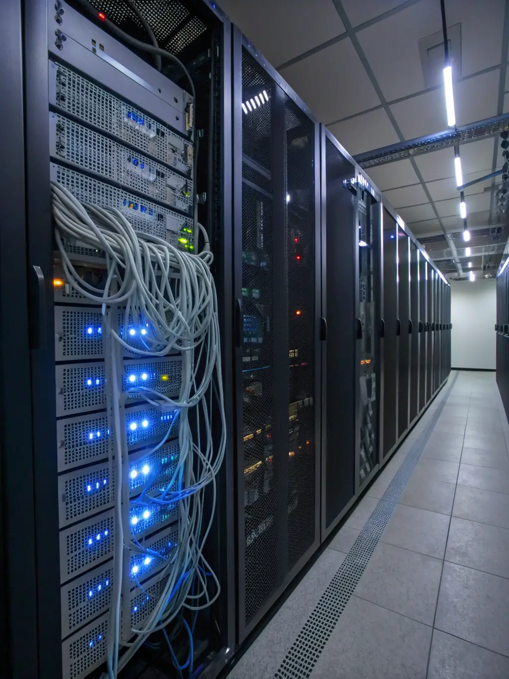 A modern data center with secure servers, highlighting data protection and advanced technology.