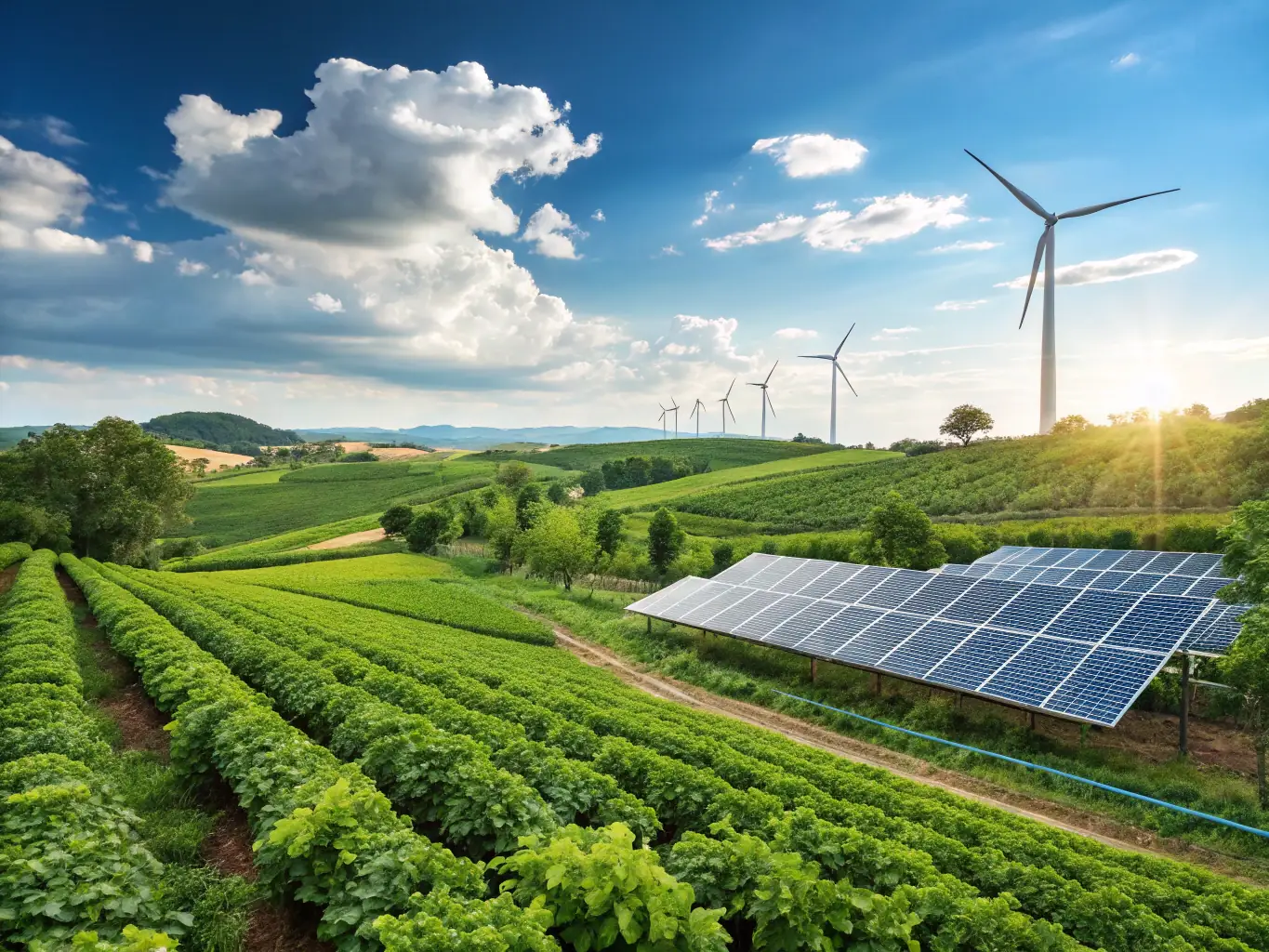 A solar panel installation in a rural setting, with wind turbines in the background, under a sunny sky.